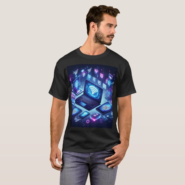 T-shirt un écran d'ordinateur avec un tas d'ordinateurs po (Devant entier)