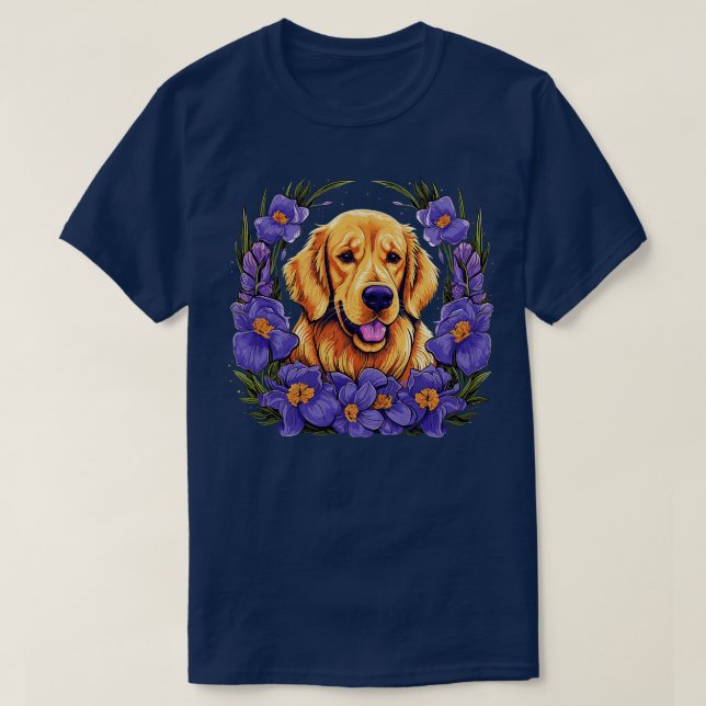 T-shirt Un Golden Retriever entouré d'illustrations d'Iris (Design devant)