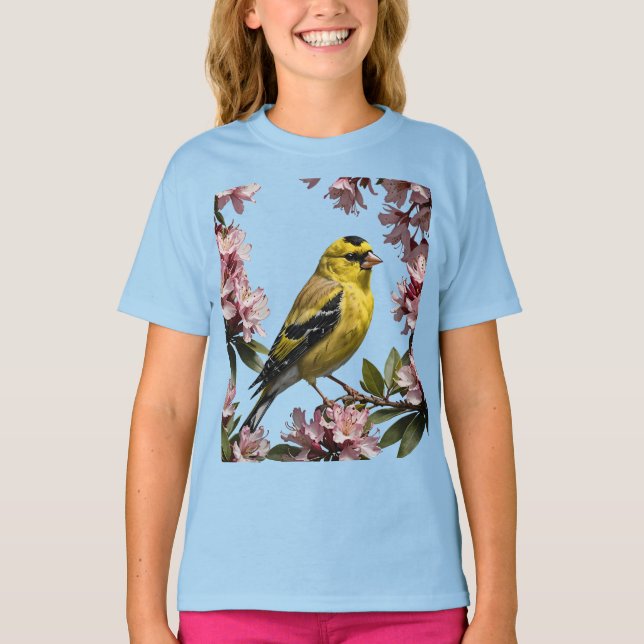 T-shirt Un Goldfinch Américain Entouré De Rhododendron (Devant)