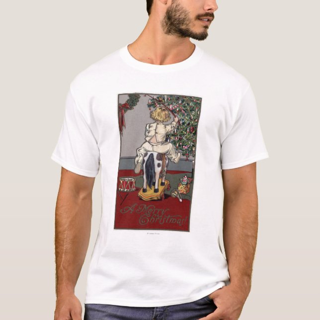 T-shirt Un joyeux ChristmasKid sur un cheval de basculage (Devant)