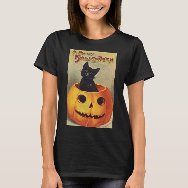 T-shirt Un joyeux Halloween par Ellen Clapsaddle, Chat Vin (Devant)