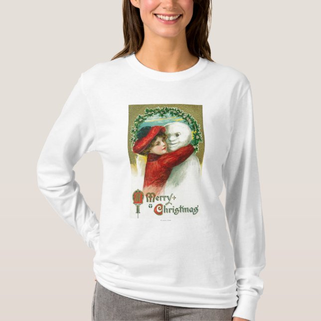 T-shirt Un Joyeux Noël étreignant la scène de bonhomme de (Devant)
