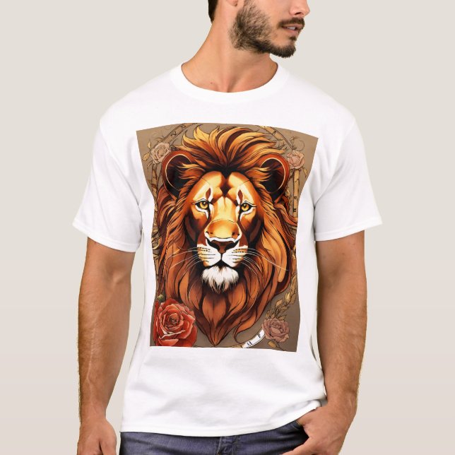 T-shirt Un lion ravage une horologe et un rose en tutorage (Devant)