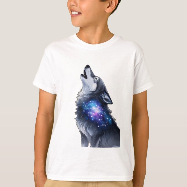 T-shirt Un loup hurle à une galaxie étoilée (Devant)