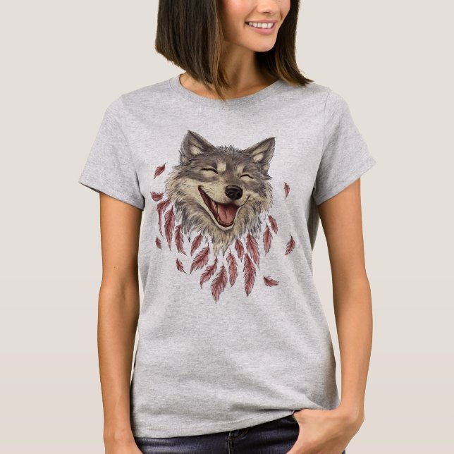 T-shirt Un loup souriant joyeux en plumes (Devant)