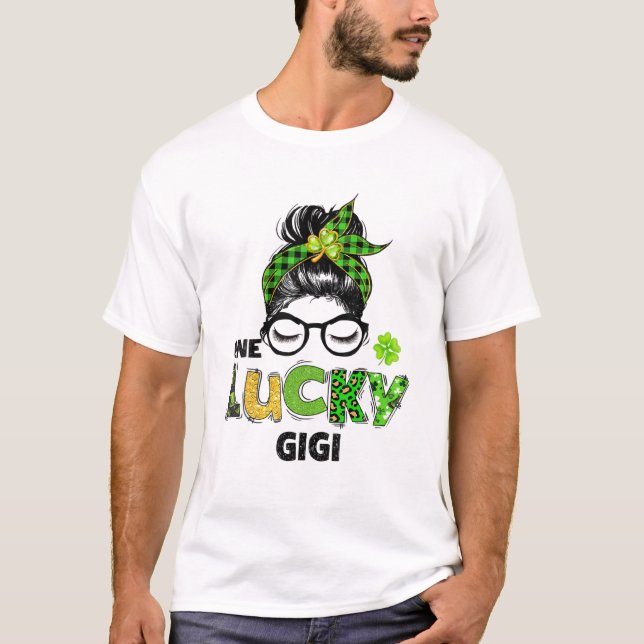 T-shirt Un Lucky Gigi Messy Bun Leopard St Patrick's Day (Devant)