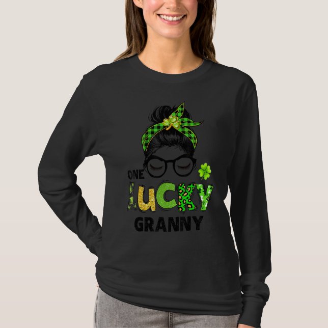 T-shirt Un Lucky Granny Messy Bun Leopard St Patrick's Da (Devant)