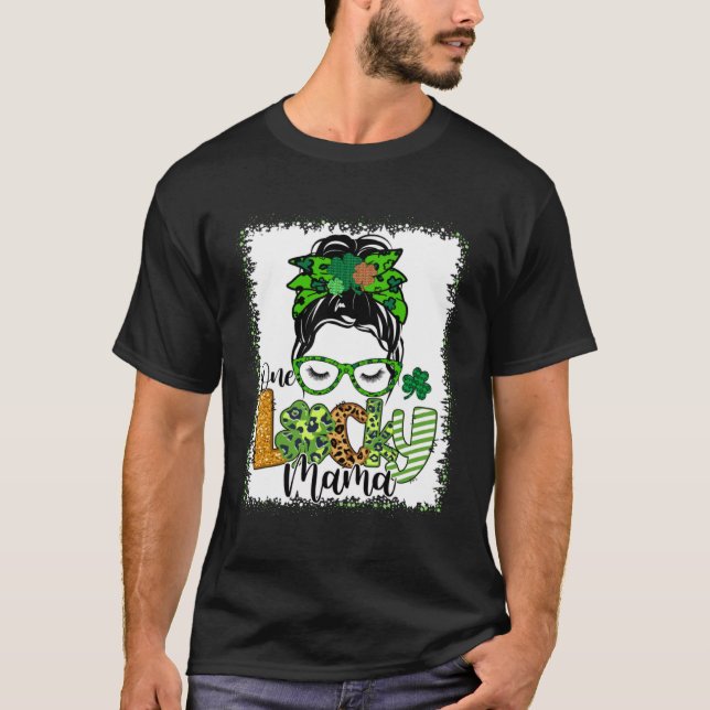T-shirt Un Lucky Mama Messy Bun Leopard St Patrick s Day (Devant)