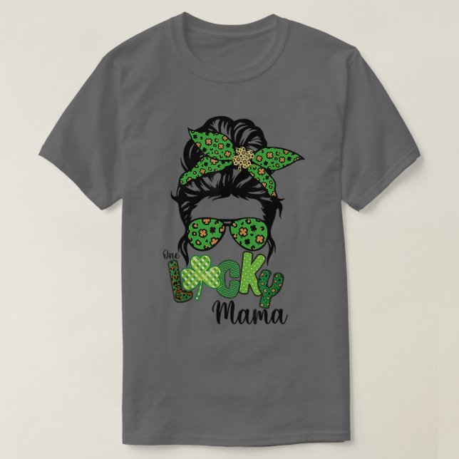 T-shirt Un Lucky Mama Messy Bun Leopard St Patrick's Day (Design devant)