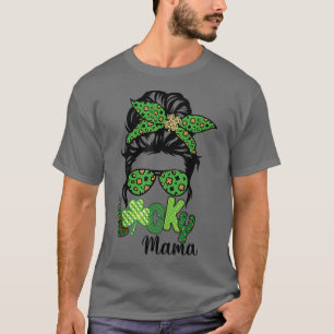 T-shirt Un Lucky Mama Messy Bun Leopard St Patrick's Day