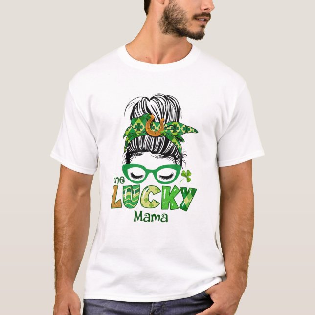 T-shirt Un Lucky Mama Messy Bun Leopard St Patrick's Day (Devant)