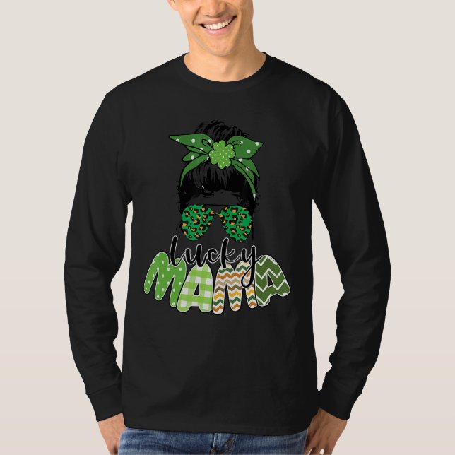 T-shirt Un Lucky Mama St Patrick S Day Leopard Messy Bun (Devant)
