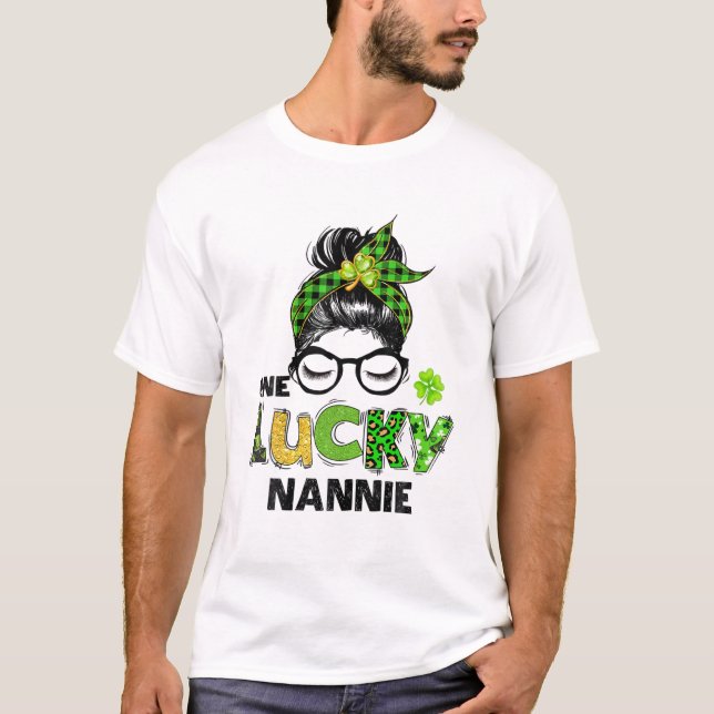 T-shirt Un Lucky Nannie Messy Bun Leopard St Patrick's Da (Devant)