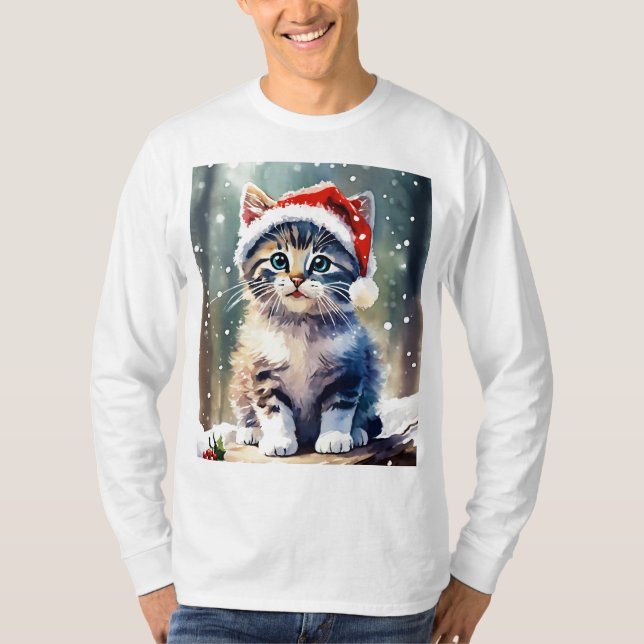 T-shirt Un mignon chat avec Casquette de Noël (Devant)