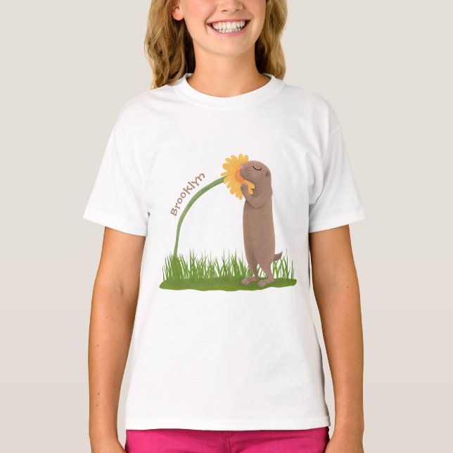 T-shirt Un mignon chien de prairie reniflant la caricature (Devant)