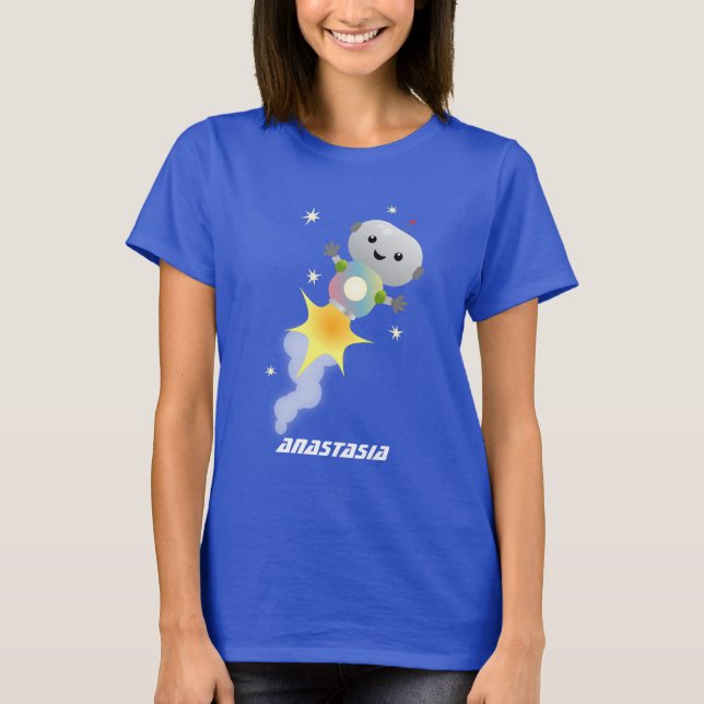 T-shirt Un mignon robot volant dans l'espace dessin animé (Devant)