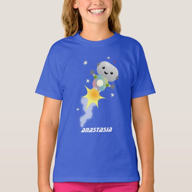 T-shirt Un mignon robot volant dans l'espace dessin animé (Devant)