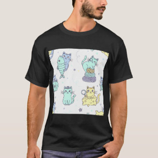T-shirt Un motif ludique de chats et de poissons de dessin