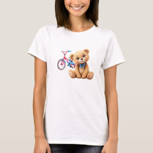 T-shirt Un nounours assis devant un vélo d'enfant.