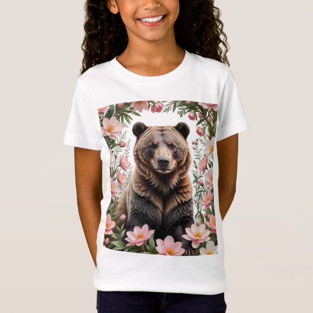 T-Shirt Un ours brun entouré de fleurs de bitterroot roses (Devant)