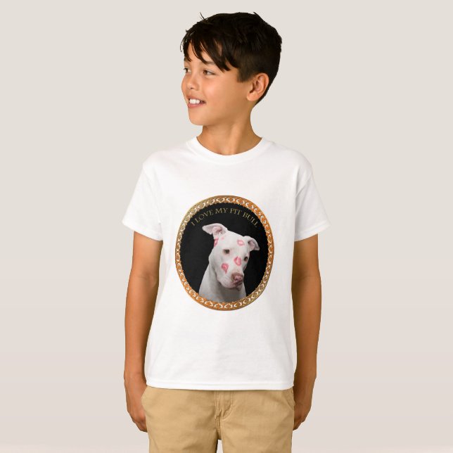 T-shirt Un pitbull blanc avec des baisers rouges partout s (Devant entier)