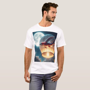 T-shirt un poisson dans une montgolfière avec une lune dan