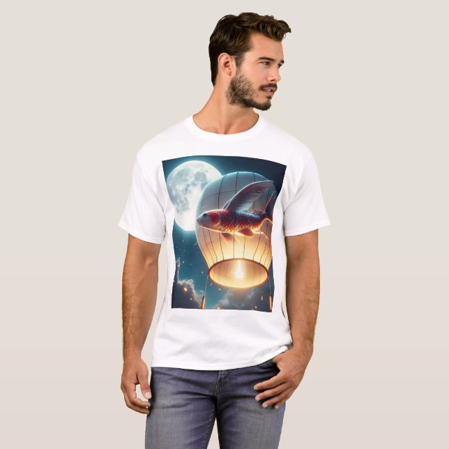 T-shirt un poisson dans une montgolfière avec une lune dan (Devant entier)