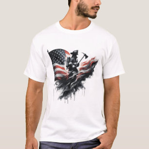 T-shirt Un pompier américain.Drapeau des Etats-Unis.