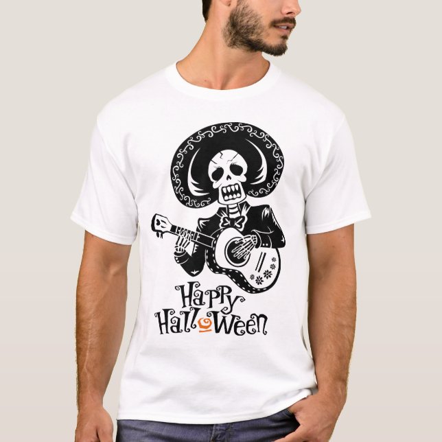 T-shirt Un Squelette Drôle Jouant Guitare, Halloween Joyeu (Devant)