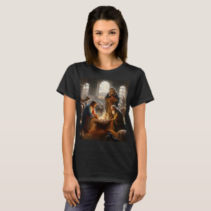 T-shirt un tableau de reyes magos et bébé avec un panier