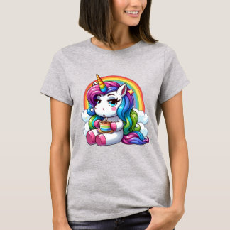 T-shirt Unbothered Unicorn Sipping Coffee Under a Rainbow