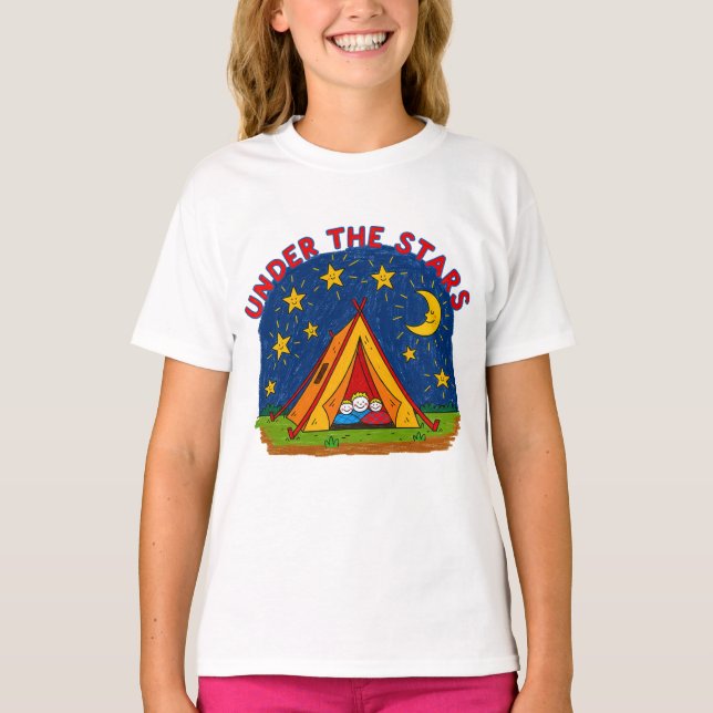 T-shirt Under the Stars Kids Camping Drawing (Devant)