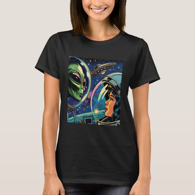 T-shirt Une astronaute rencontre un Alien extra-terrestre (Devant)