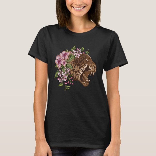 T-shirt Une Belle Flore Sur La Tête De Léopard Simple (Devant)