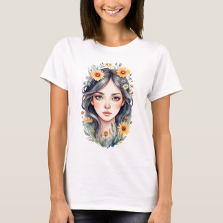 T-shirt Une fille avec des fleurs dans ses cheveux