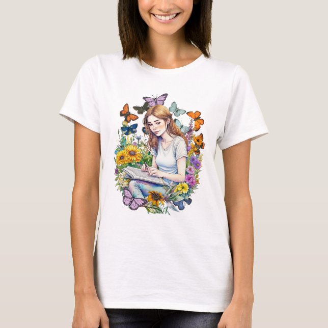 T-shirt Une fille, Journal, papillons et fleurs (Devant)