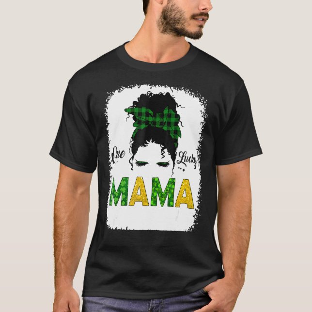 T-shirt Une Lucky Mama Messy Bun Leopard St Patrick Jour S (Devant)