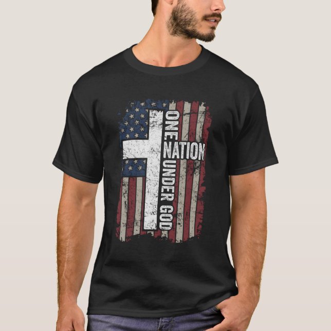T-shirt Une nation sous Dieu culte chrétien Usa Cross F (Devant)
