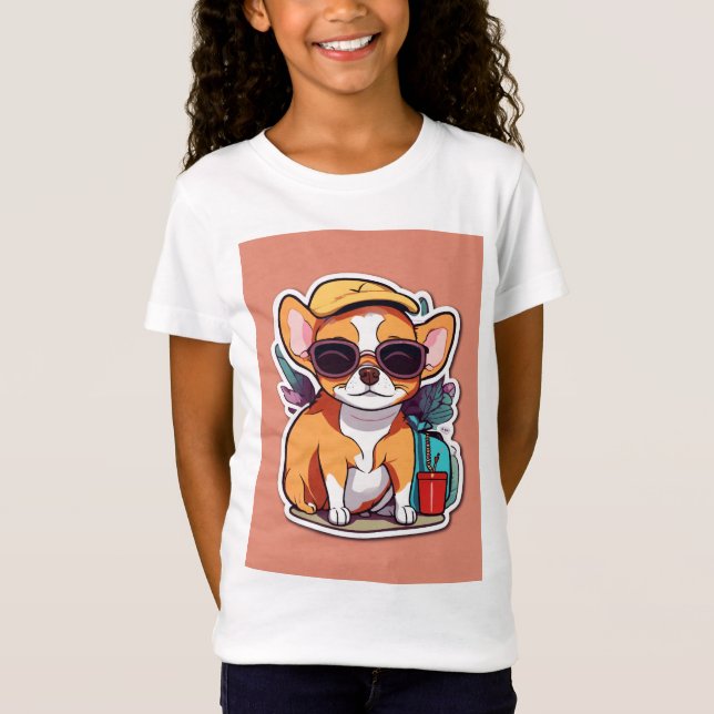 T-Shirt Une petite fille avec une image charmant de chiot (Devant)