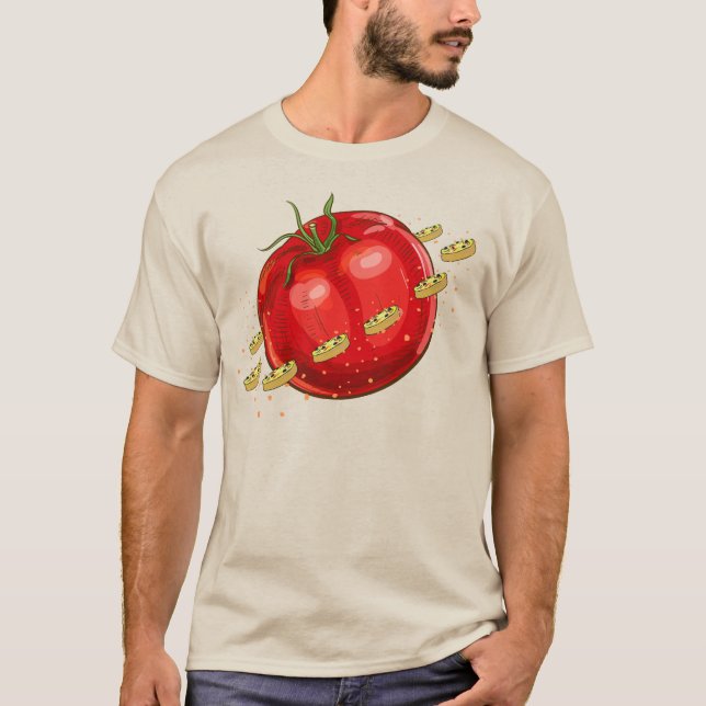 T-shirt Une planète tomate avec des pizzas qui l'entourent (Devant)