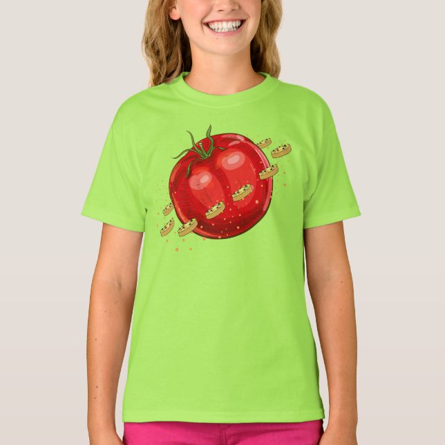 T-shirt Une planète tomate avec des pizzas qui l'entourent (Devant)