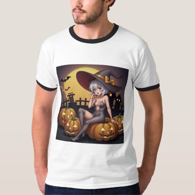 T-shirt Une sorcière d'Halloween aux yeux verts sur Jack-O (Devant)