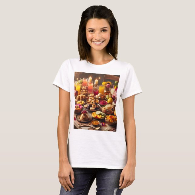T-shirt une table pleine de nourriture avec des fruits et  (Devant entier)