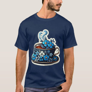 T-shirt une tasse à flot bleu décoratif remplie de thé