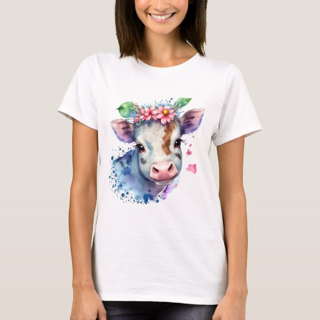 T-shirt  une tête de vache originale avec des fleurs. (Devant)