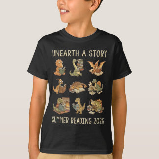 T-shirt Unearth a Story Summer 2026 Dinosaur Reading Books