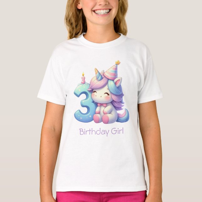 T-shirt Unicorn 3e anniversaire fille rose pourpre bleu (Devant)