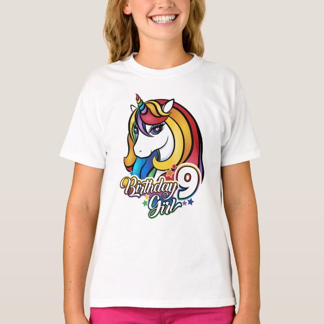 T-shirt Unicorn 9th Birthday pour filles. (Devant)