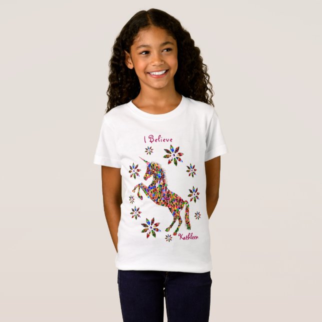 T-Shirt Unicorn Believe Flowers Parties scintillant Person (Devant entier)