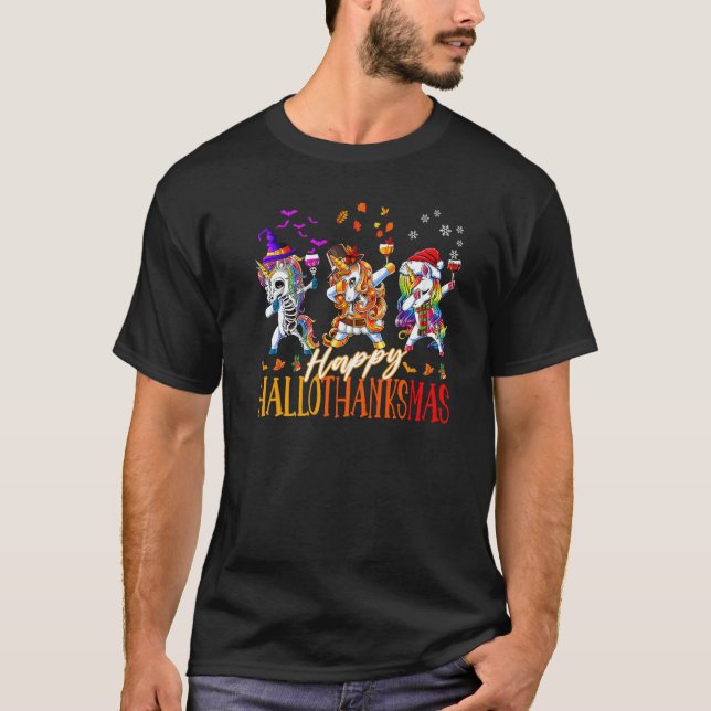 T-shirt Unicorn Dabbing Happy Hallothanksmas Cute family c (Devant)